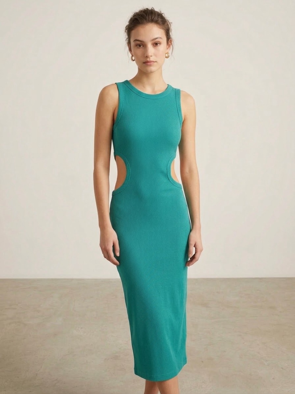 Torn by Ronny Kobo Teal Sleeveless Cutout Ribbed Midi Dress